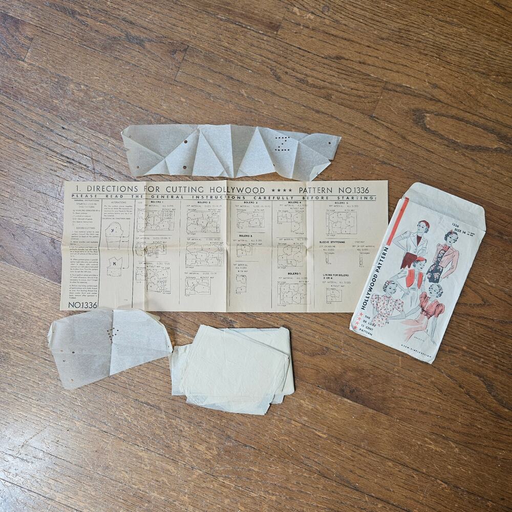 Vintage Hollywood Pattern 1336 Bolero Jacket Sewing Pattern 1930/40s Sizes 12–20